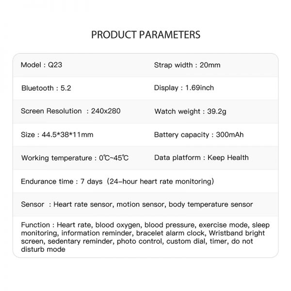 Q23 smart watch 1.69 inch heart rate blood oxygen Bluetooth BT silicone band Color screen 2023 new sport smart watch - Image 3