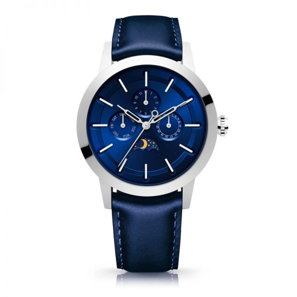 Men watch moon phase ultra thin slim stainless steel Man watch leather strap blue Men wristwatch luxury OEM custom design - Image 4
