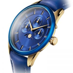 Men watch genuine leather strap Moon phase watch mesh strap New fashion Unique style Blue rose gold Slim custom made