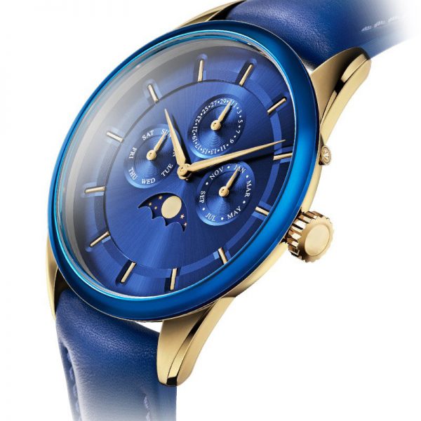 Men watch genuine leather strap Moon phase watch mesh strap New fashion Unique style Blue rose gold Slim custom made