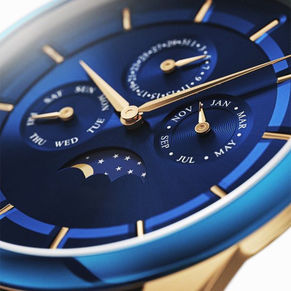 Men watch genuine leather strap Moon phase watch mesh strap New fashion Unique style Blue rose gold Slim custom made - Image 2