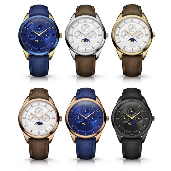 Men watch genuine leather strap Moon phase watch mesh strap New fashion Unique style Blue rose gold Slim custom made - Image 3