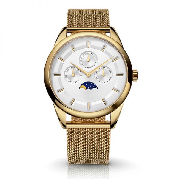 Men watch genuine leather strap Moon phase watch mesh strap New fashion Unique style Blue rose gold Slim custom made - Image 4