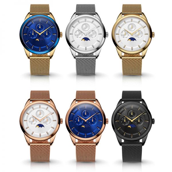 Men watch genuine leather strap Moon phase watch mesh strap New fashion Unique style Blue rose gold Slim custom made - Image 6