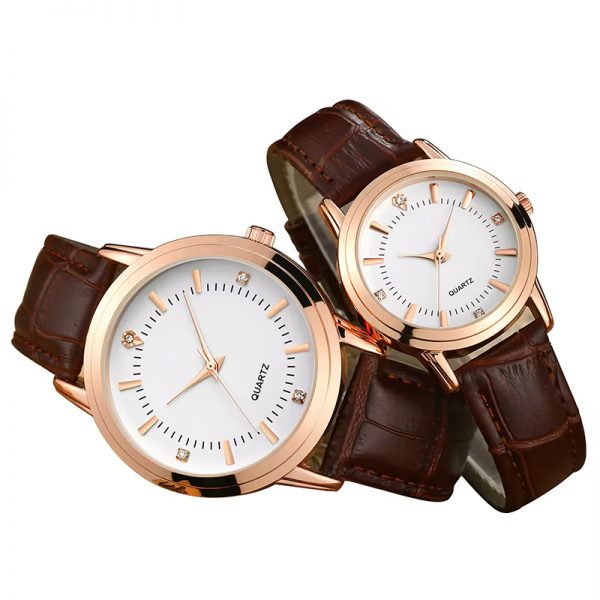 Lovers watches a pair brown black leather strap couple wristwatches rose gold silver white diamond without calendar