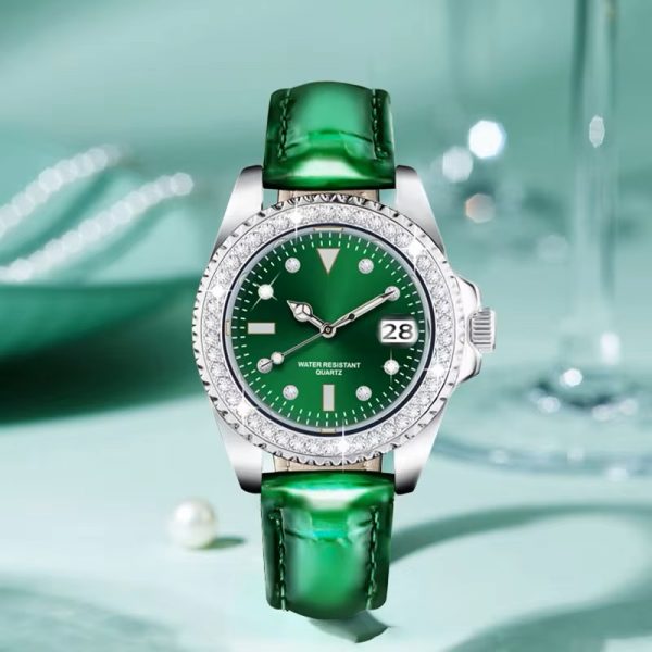 Genuine leather strap woman watch green luminous diamond lady wristwatch with calendar young girl watch gift quartz