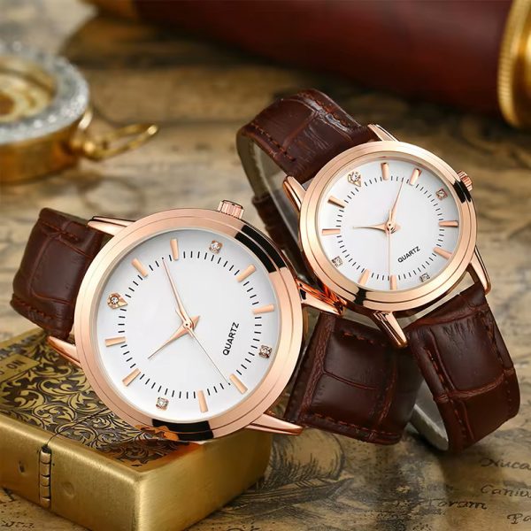 Lovers watches a pair brown black leather strap couple wristwatches rose gold silver white diamond without calendar - Image 2
