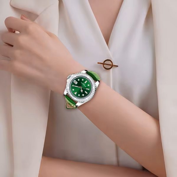 Genuine leather strap woman watch green luminous diamond lady wristwatch with calendar young girl watch gift quartz - Image 2