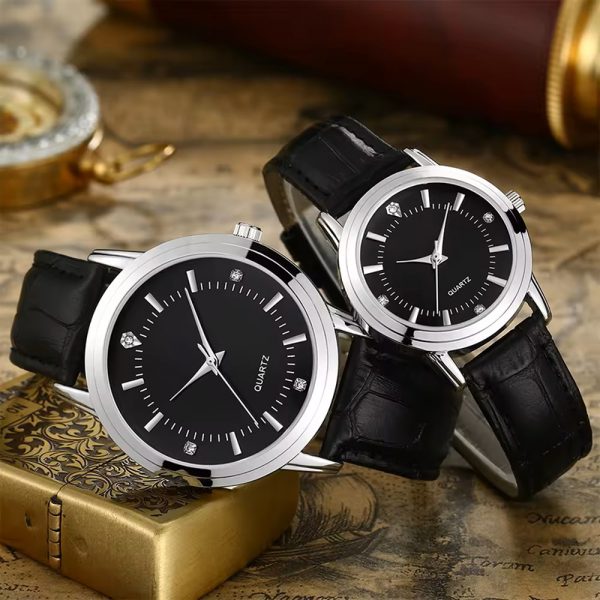 Lovers watches a pair brown black leather strap couple wristwatches rose gold silver white diamond without calendar - Image 3