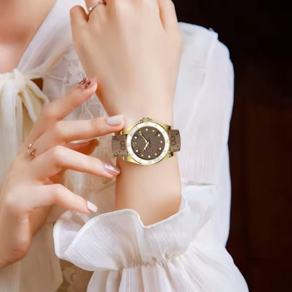 Elegant woman watch quartz brown genuine leather strap golden without calendar luminous girl wristwatch matte dial - Image 3