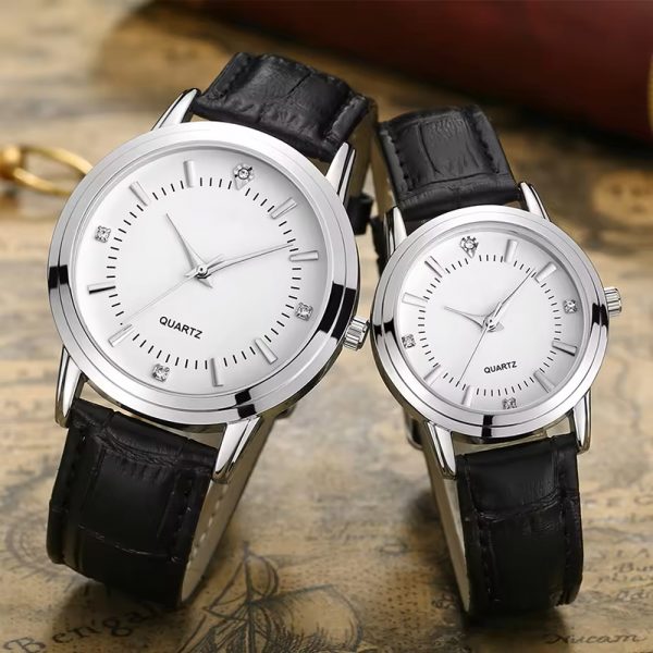 Lovers watches a pair brown black leather strap couple wristwatches rose gold silver white diamond without calendar - Image 4