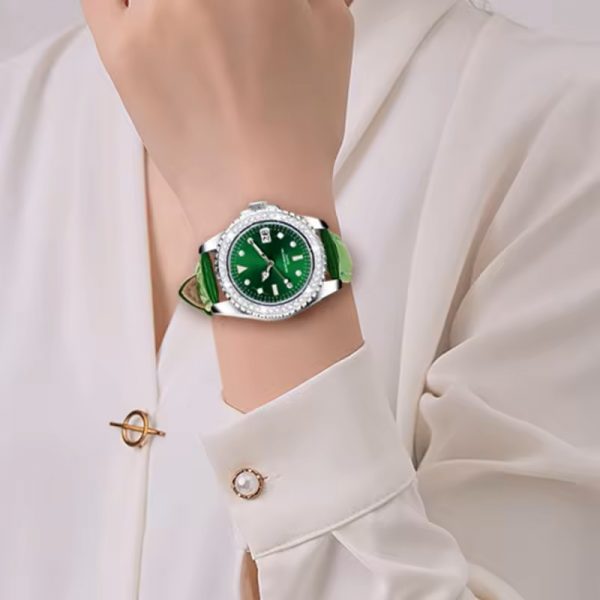 Genuine leather strap woman watch green luminous diamond lady wristwatch with calendar young girl watch gift quartz - Image 4