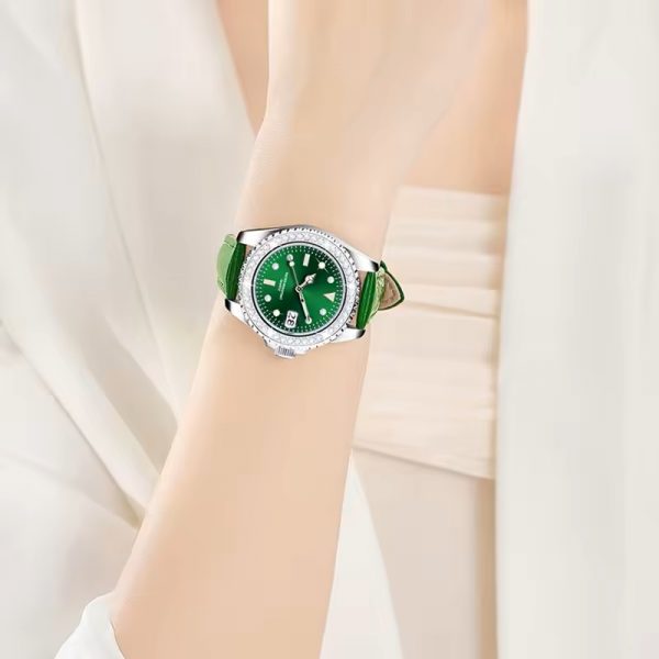 Genuine leather strap woman watch green luminous diamond lady wristwatch with calendar young girl watch gift quartz - Image 6