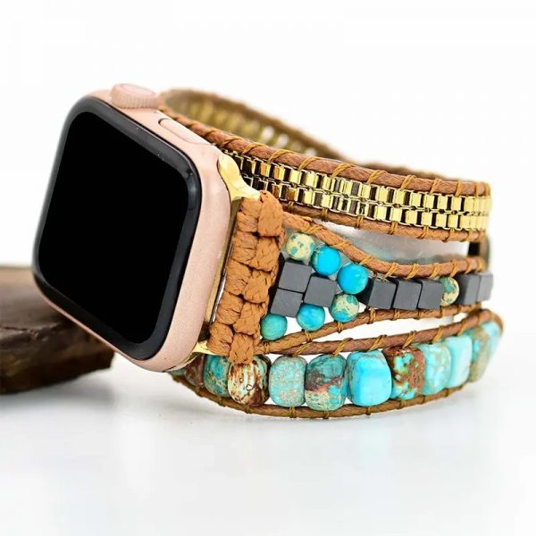 Natural Stone Link Strap Band Bracelet for Apple Watch Series 9 41mm 45mm Women Ladies Beaded Loop Jewelry Watch Band