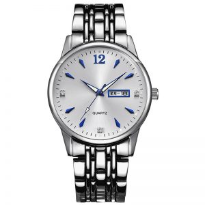 Man watch black quartz silver luminous calendar week stainless steel watch woman lady girl slim wristwatch manufacturer