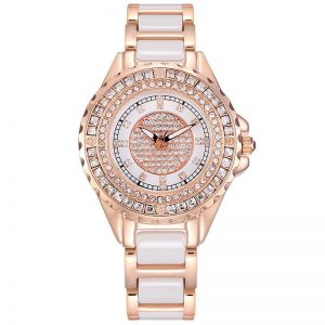 Ceramic woman watch clear crystal diamond sapphire crystal large dial rose gold woman watch custom factory in China